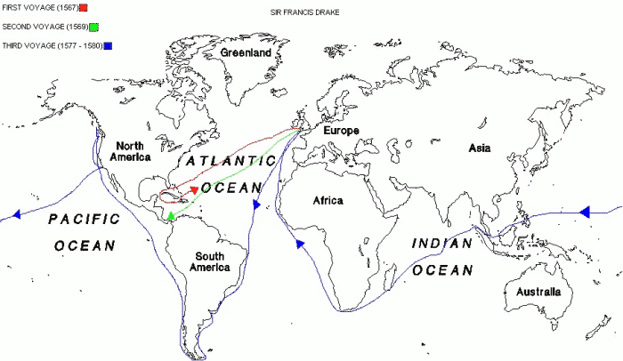 Mapa cest Francise Drakea